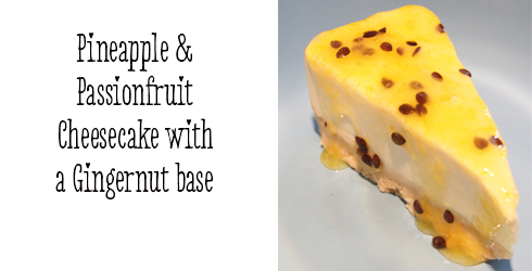 Pineapple & passionfruit cheesecake with a gingernut base