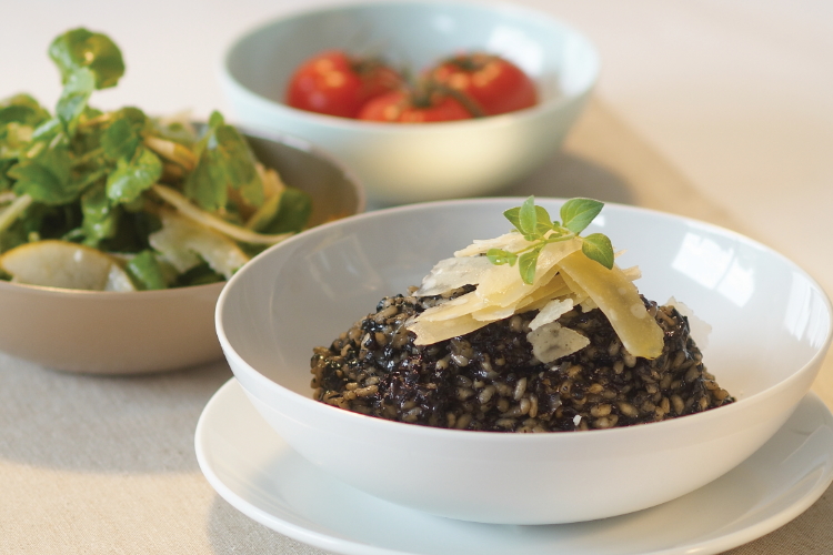 Mushroom risotto with watercress, pear and parmesan salad